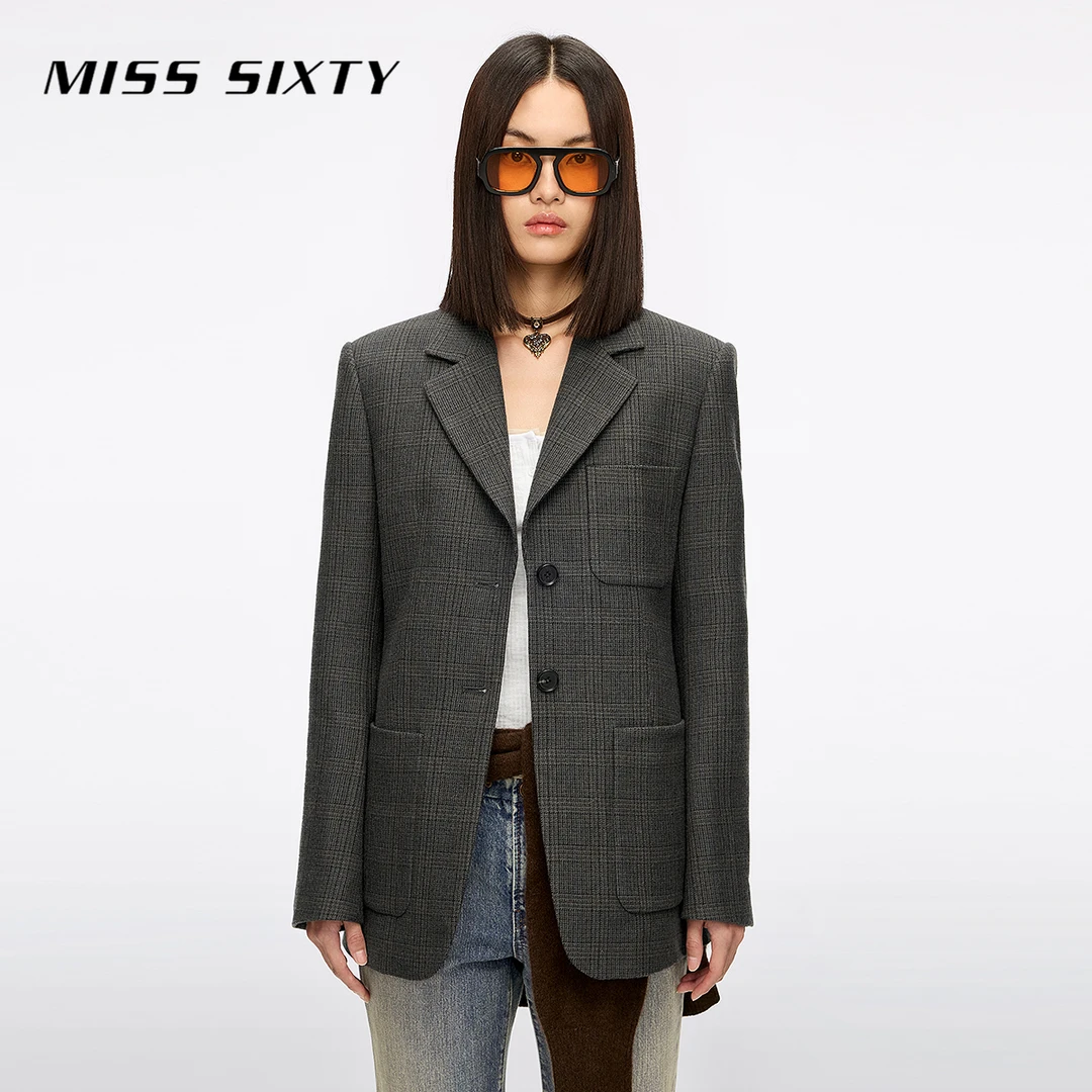 Miss Sixty2025秋季新款呢料外套女羊毛翻驳领格子西服优雅静奢风