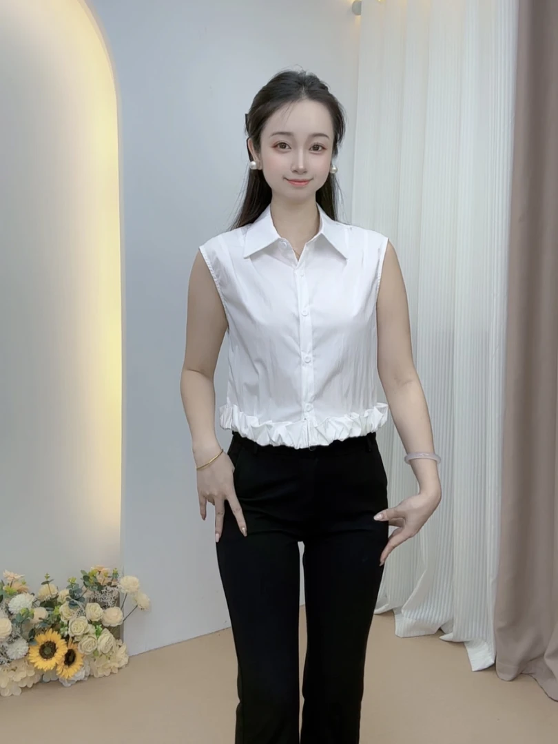 夏季新款无袖短款外穿小衫纯色宽松木耳边雪纺衬衫女