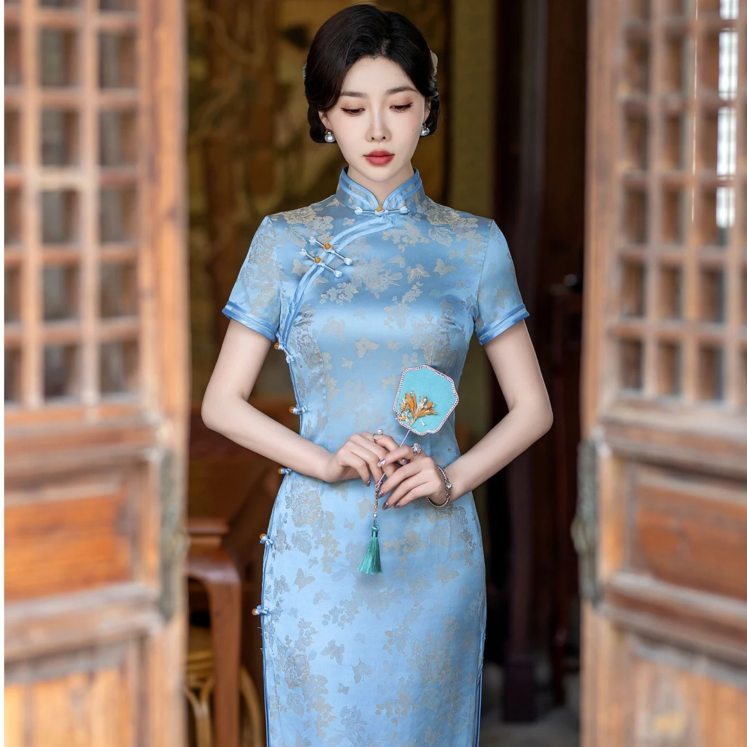 钻石蓝2025夏季新款亲肤高级提花中国风人丝旗袍手工长款气质显瘦