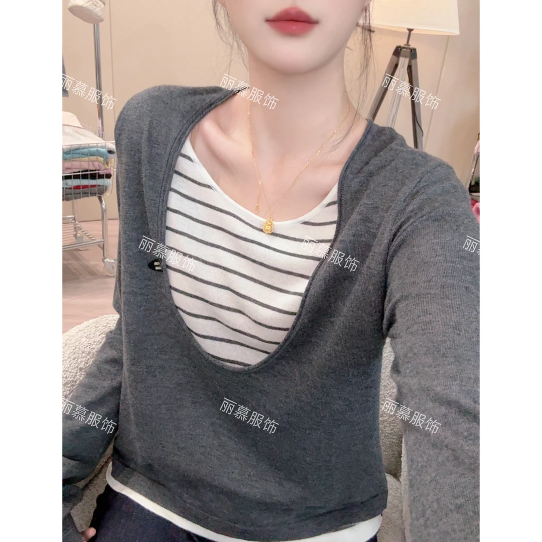 【叠穿U型领假两件】高级感叠穿条纹针织假两件打底衫显瘦套头1975