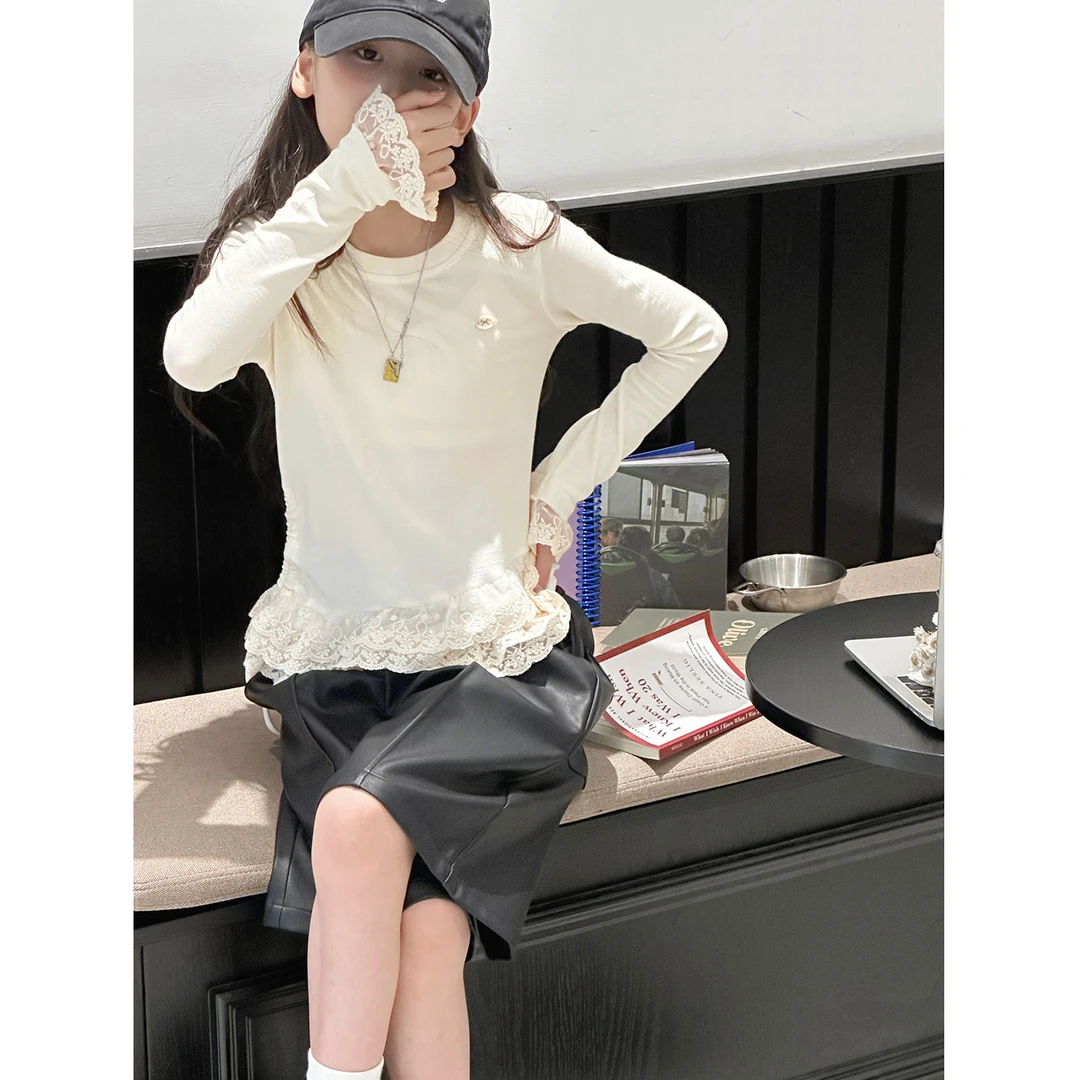 K29534孙小美蕾丝花边女童长袖T恤2025新款儿童打底衫春秋装上衣