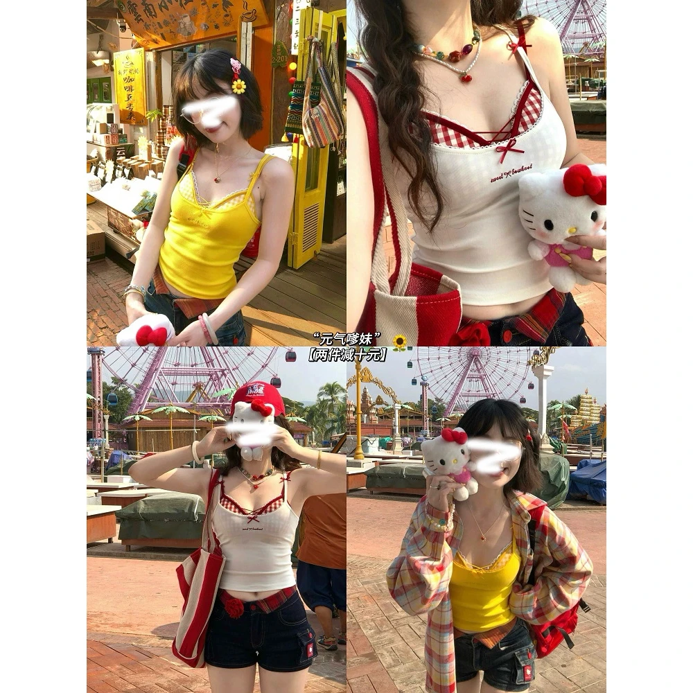 欧若辣妹风 “元气嗲妹”彩格胸衣纯欲辣妹两件套吊带背心上衣女夏