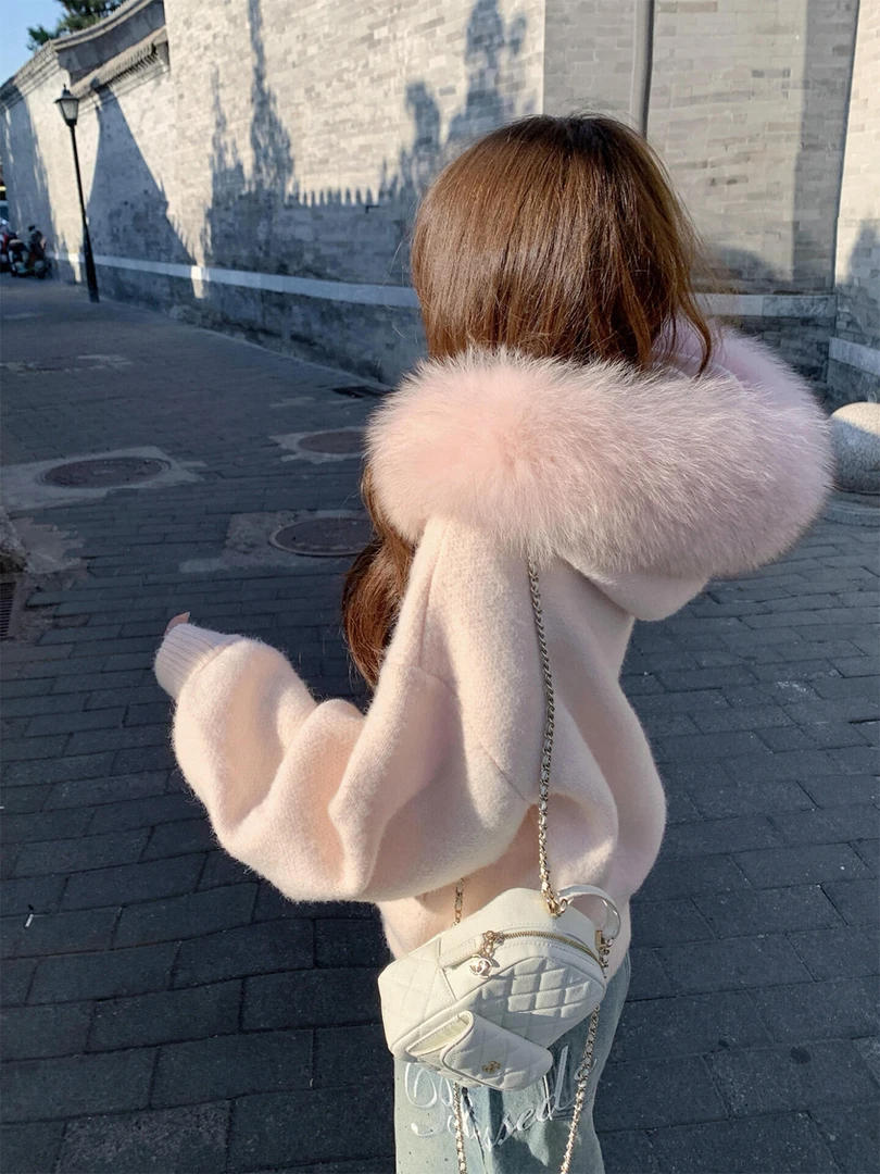 2025法式高级感慵懒风大毛领连帽毛衣开衫外套女秋针织衫上衣女