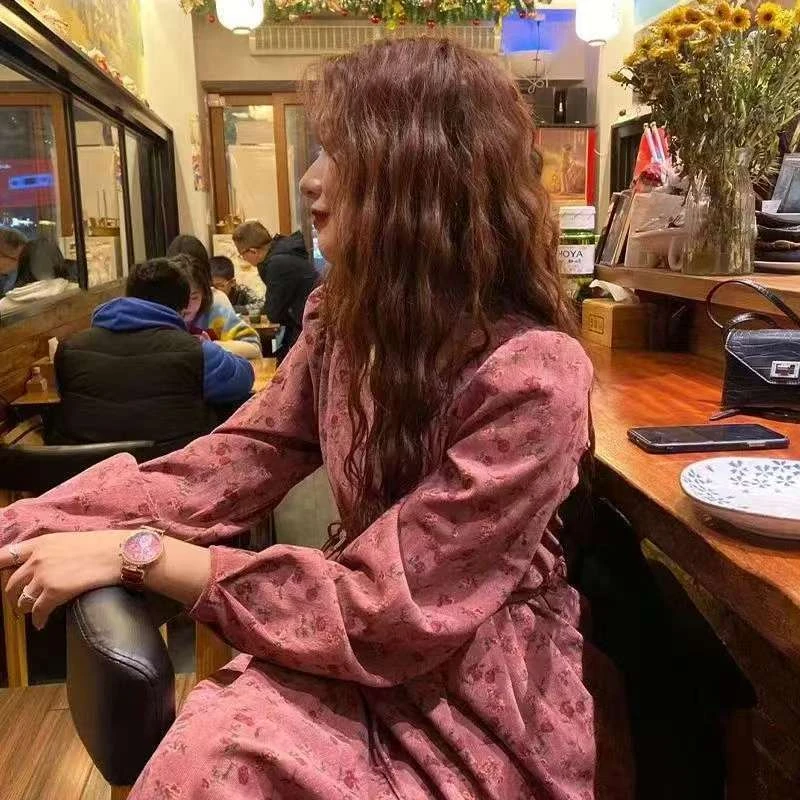 1-391-7#新款灯芯绒碎花甜美遮胯长裙女显瘦高腰连衣裙