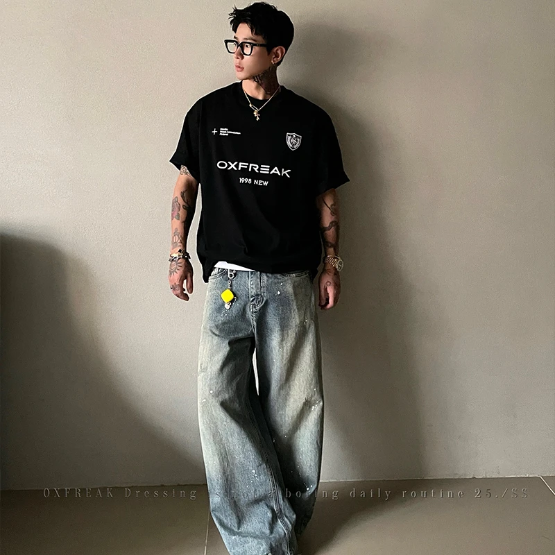 OXFREAK 「盾标印花 足球元素」300G纯棉重磅短袖t恤男宽松五分袖
