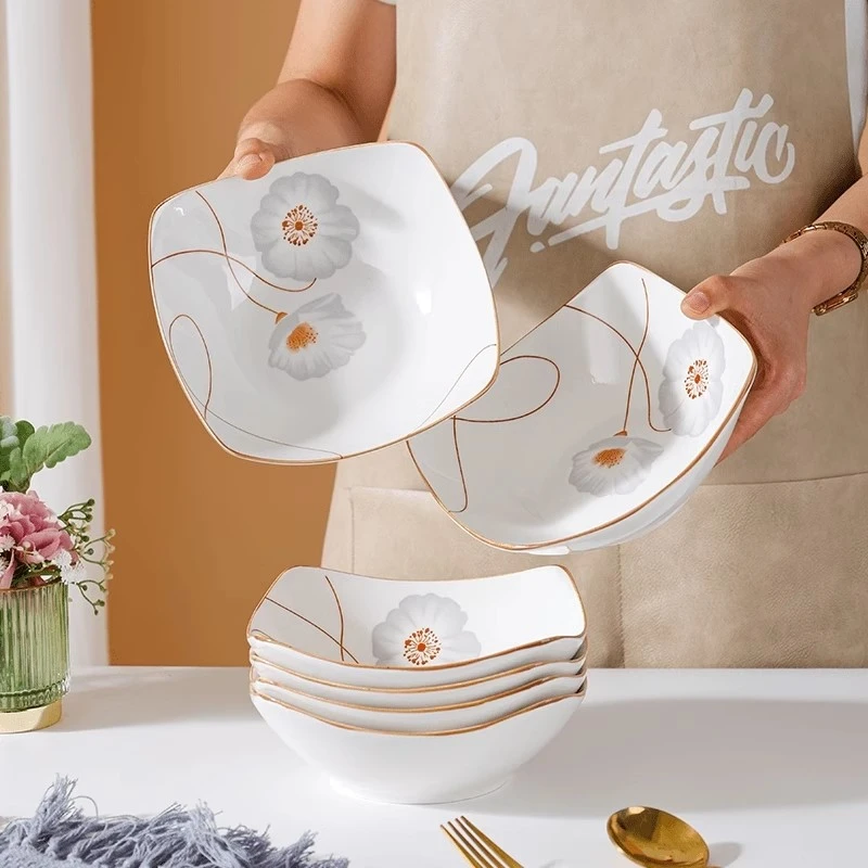 岁月静好菜盘家用高颜值四角盘子深碗陶瓷菜碗深盘沙拉碗可微波炉