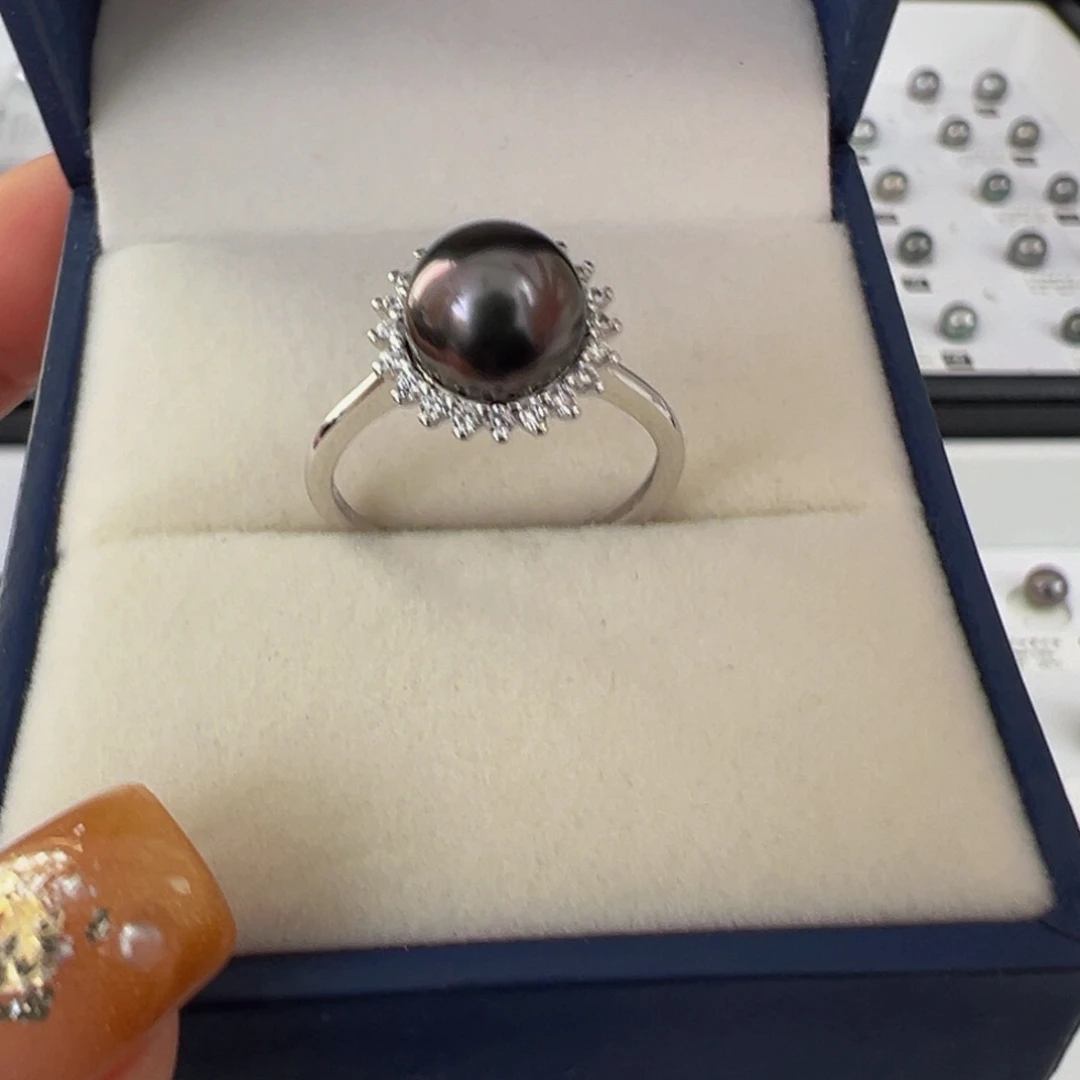 戒圈海水珍珠银S925镶嵌大溪地戒指8-9mm可定制爱