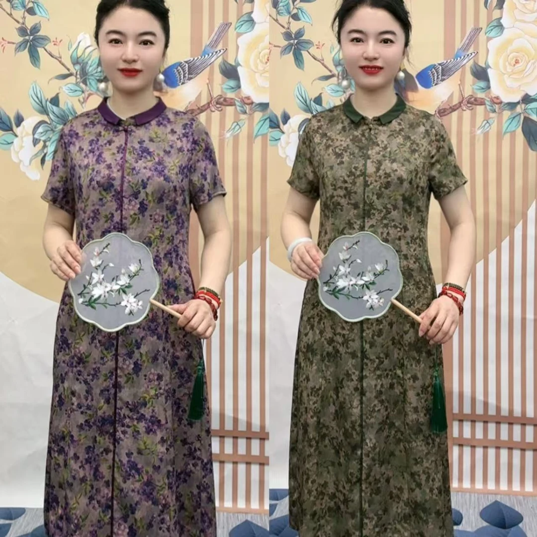8888 古韵翻领富贵花开连衣裙