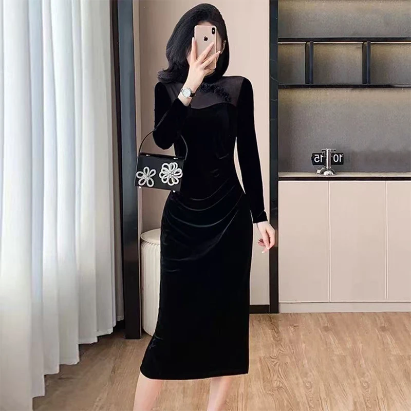 收腰长袖中长裙常规连衣裙长袖秋冬丝绒拼接法式气质裙子