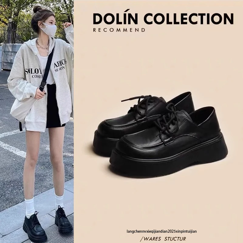 小皮鞋女春秋新款英伦风复古爆款黑色百搭松糕增高jk鞋厚底乐福鞋