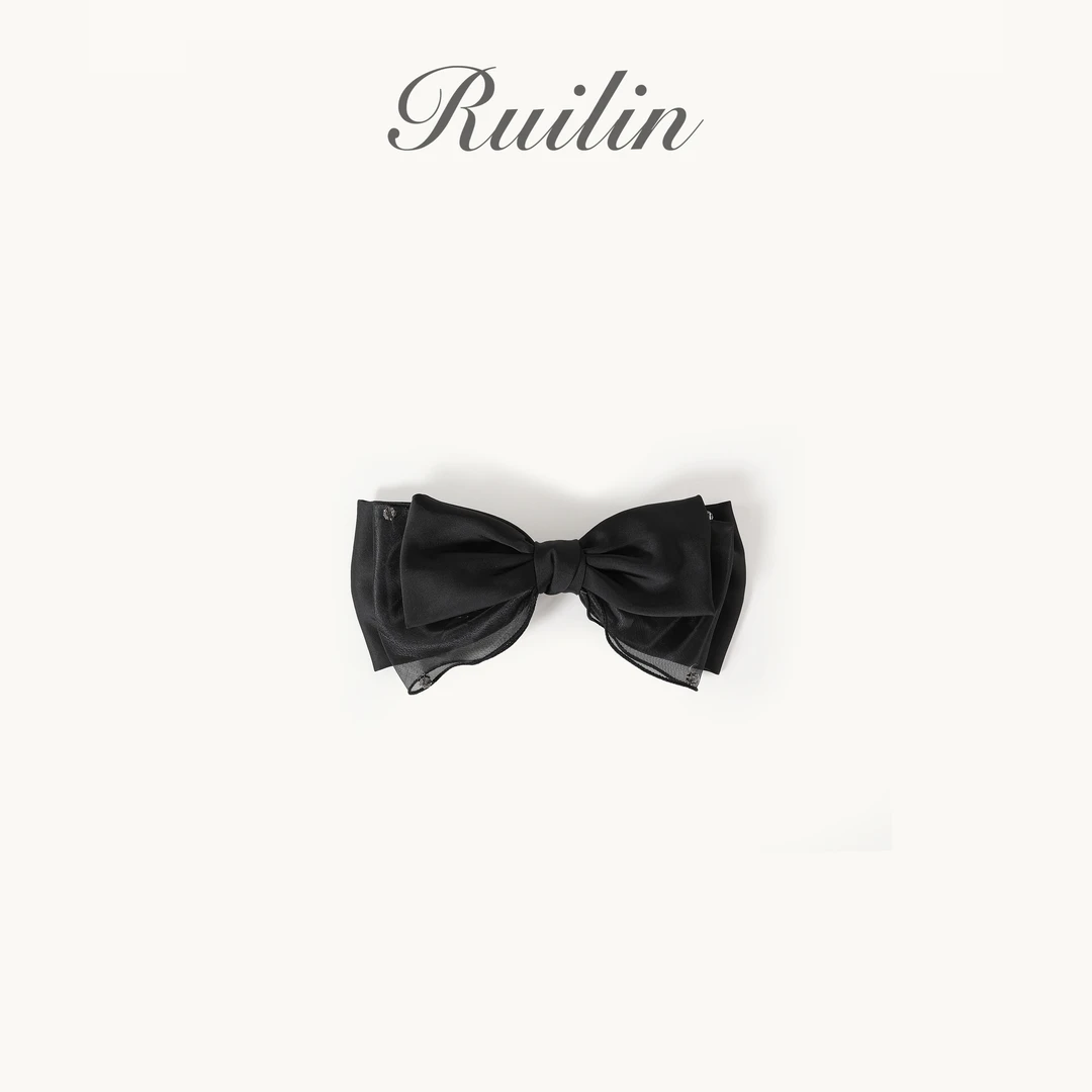 RUILIN【蝶蝶星心】黑色点钻双层蝴蝶结发夹简约气质