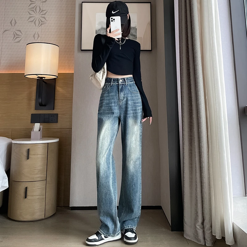 1933#通勤风阔腿裤设计感2025韩版破洞牛仔裤薄款高腰显瘦直筒裤