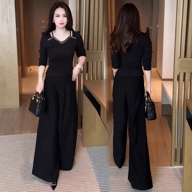 时尚套装女2025春季新款收腰显瘦设计感V领烫钻T恤+阔腿裤两件套