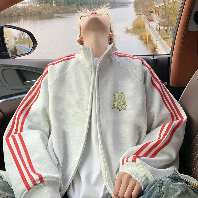 美式高街字母印花三条杠开衫拉链卫衣休闲百搭秋冬立领情侣外套