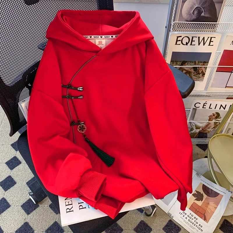 大码女装新中式国风复古连帽卫衣女春秋季薄款刺绣中国结胖mm外套