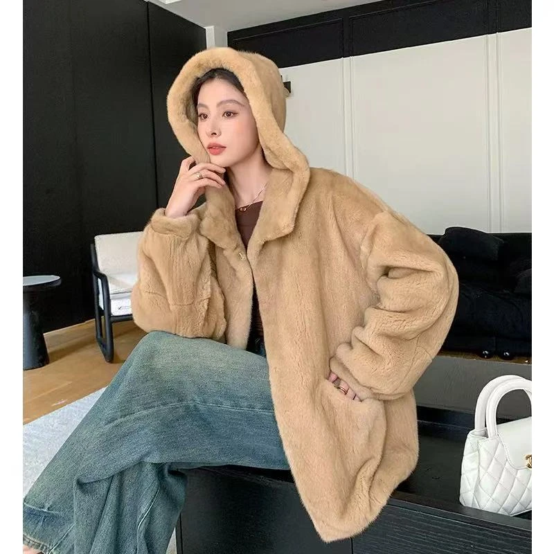 [现货阿言]2025连帽新款舒适水貂大衣女整貂貂皮时尚皮草进口大衣