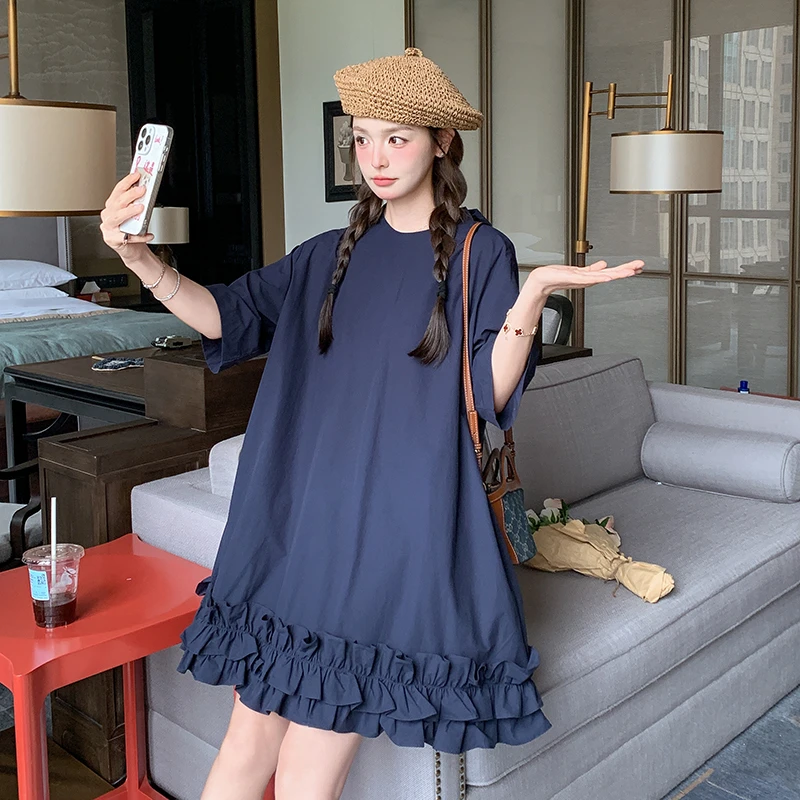 设计感藏青色短袖连衣裙女2025夏季新款韩版宽松显瘦短裙时尚百搭