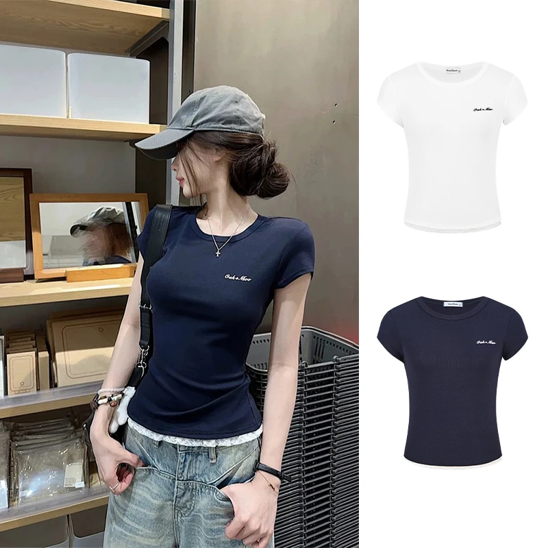 Moses Queen/魔西女王白色蕾丝花边正肩短袖t恤夏季修身紧身上衣