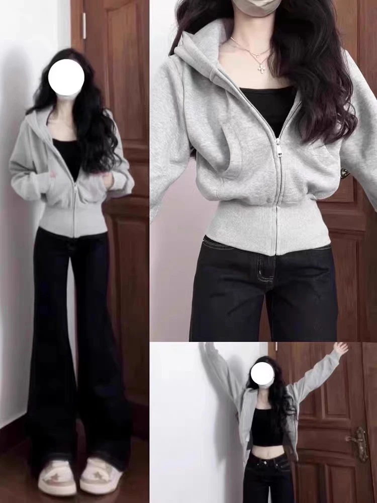 灰色连帽卫衣短外套女开春收腰修身上衣掐腰春秋季穿搭美式小个子