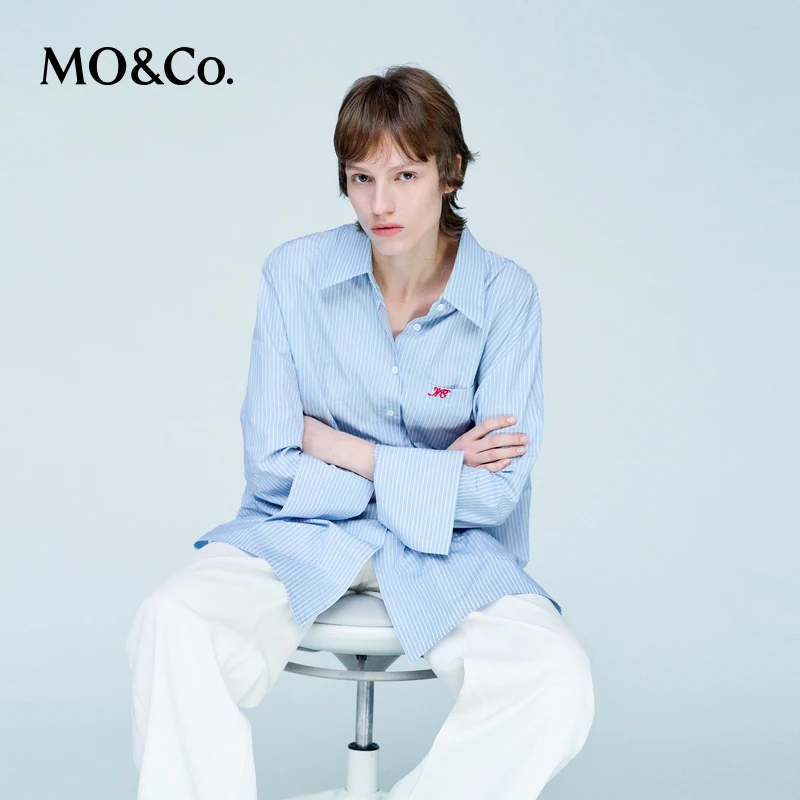 MOCO衬衫2025春新品高支高密棉质蓝色条纹宽松长袖叠穿MBE1SHTT08
