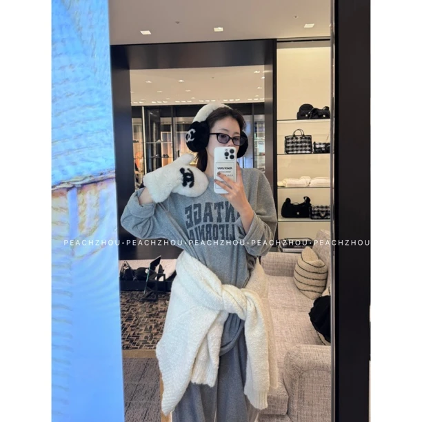 『PEACHZHOU』韩国毛巾布印花宽松圆领长袖松紧腰直筒裤休闲套装