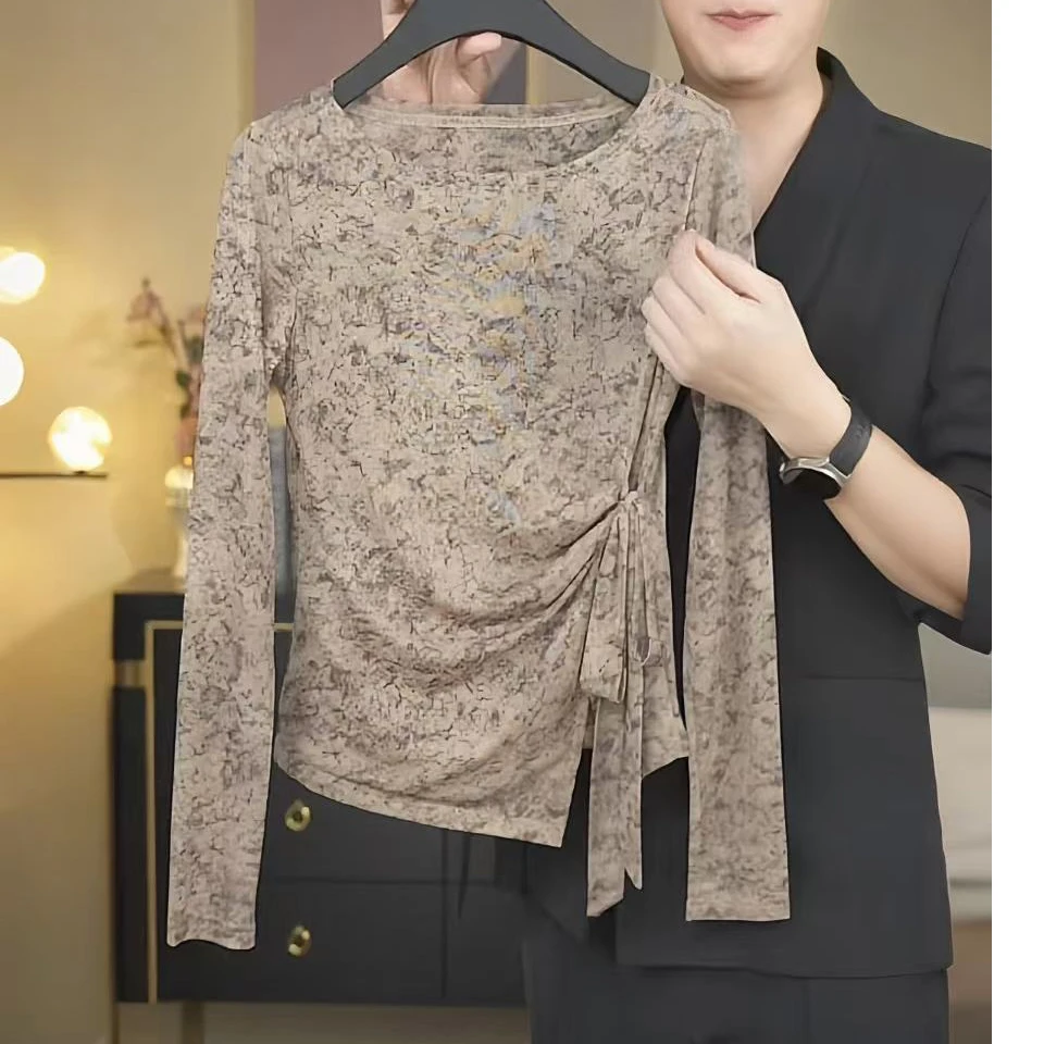 【暮秋织棕】2025秋季水墨花气质绑带修身长袖T恤女百搭休闲上衣潮