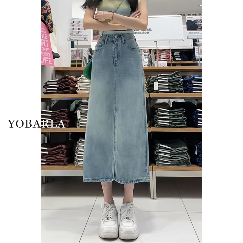 天丝牛仔半身裙女秋冬薄款胖mm大码高腰显瘦梨形身材中长款a字裙