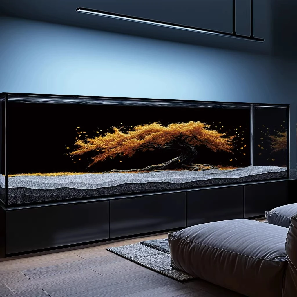 大树浪漫高清长椅鱼缸背景贴纸带胶溪流缸水族箱黑色不透壁画定制