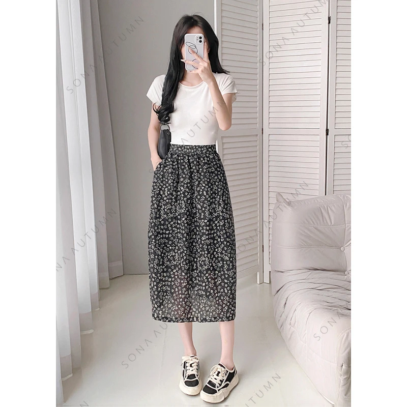 知初SONA AUTUMN ZC7602天丝亚麻玄锦纱碎花花苞裙