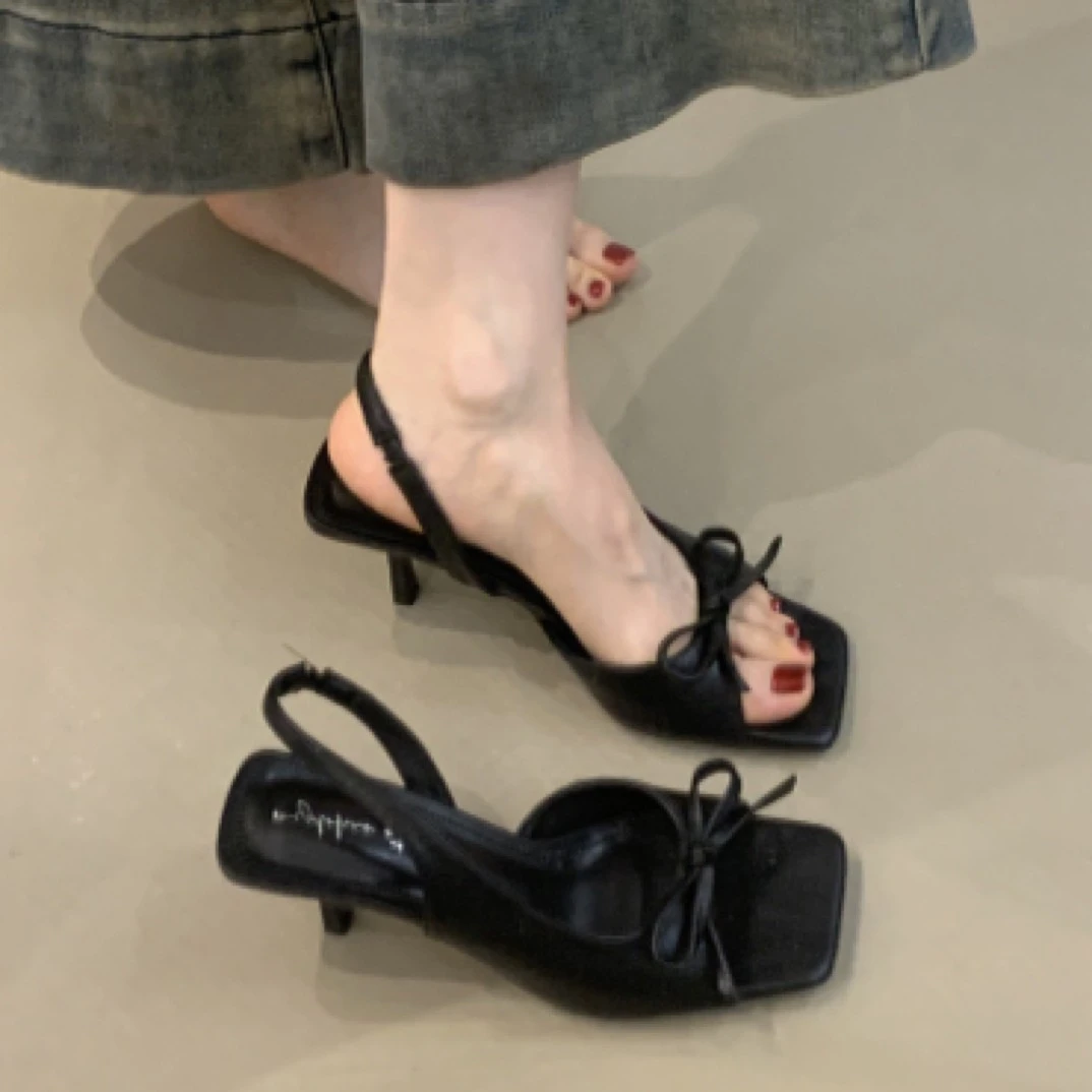 MDH-268-2温柔仙女高跟鞋法式气质名媛水蝴蝶结露趾细跟后空凉鞋