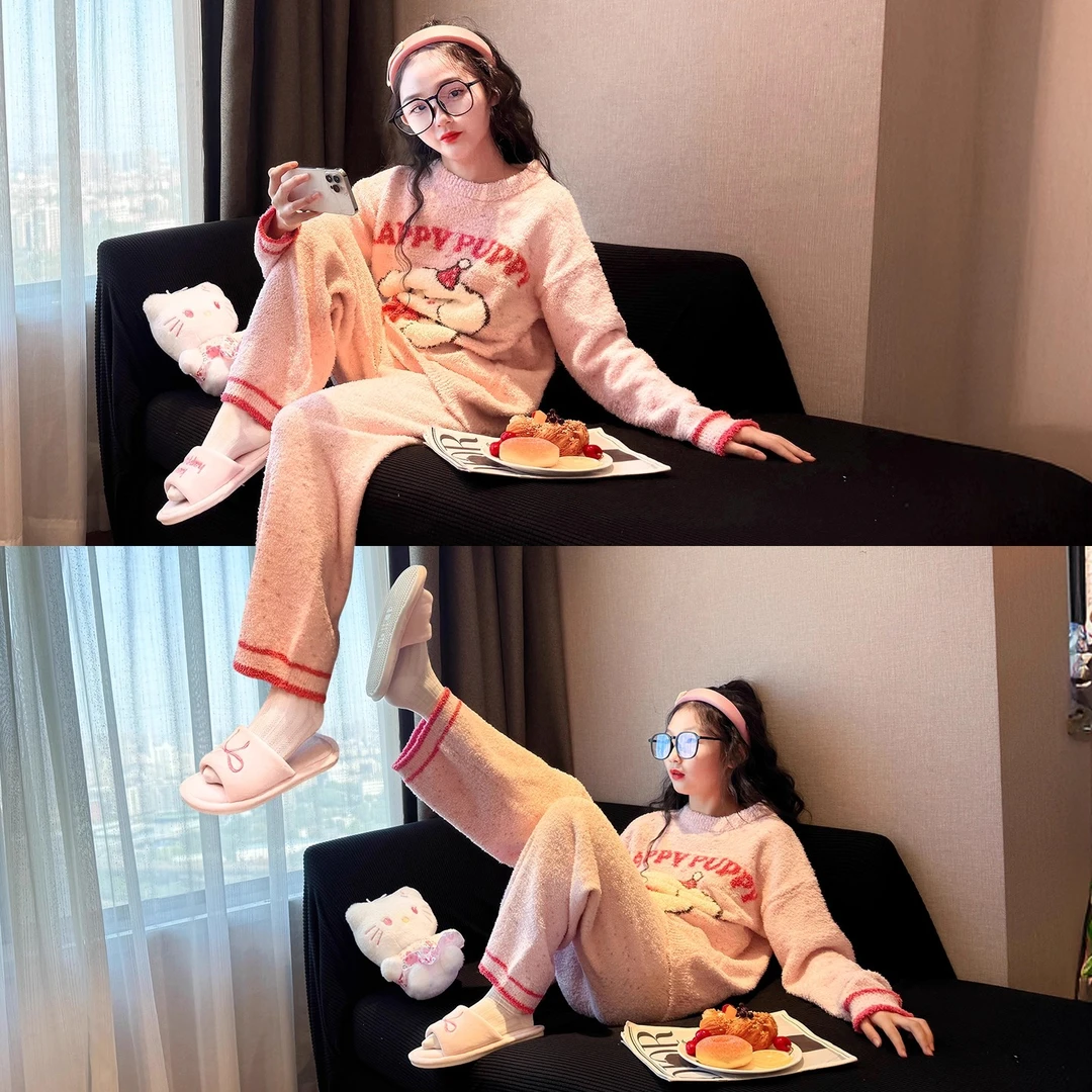 女童珊瑚绒睡衣2025新款初中生秋冬半边绒家居服儿童居家保暖套装