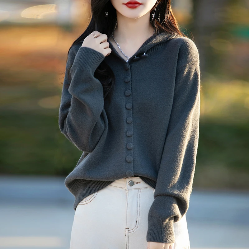 鄂尔多斯市纯100羊毛衫女士短外套春秋新款连帽卫衣宽松针织开衫