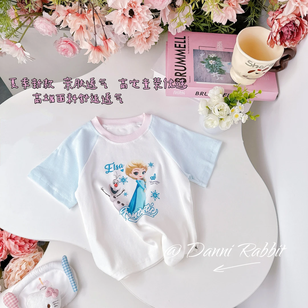 【Dannirabbit】可爱卡通艾莎公主插肩拼色洋气女童t恤Y-1023