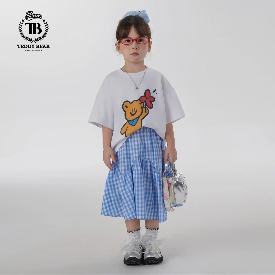 泰迪熊女童格子半裙中大童复古半身裙女宝宝夏季蓝色裙子TD56065