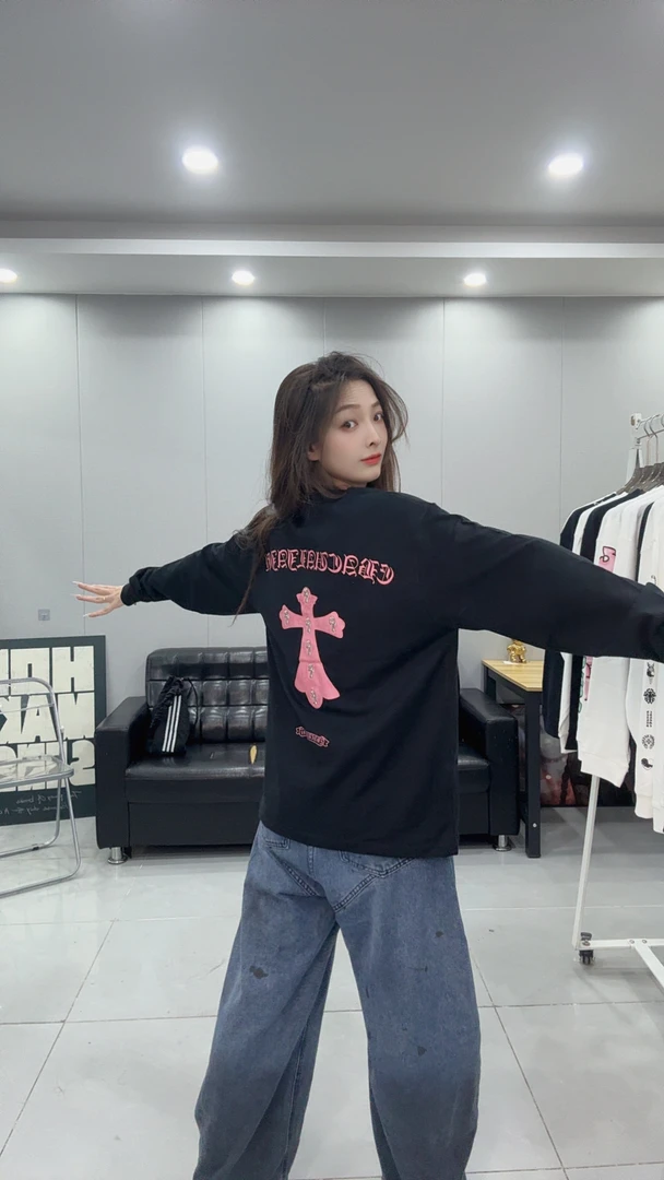 【LLZ319】秋季新款印花烫钻克克长袖情侣休闲圆领时尚百搭上衣