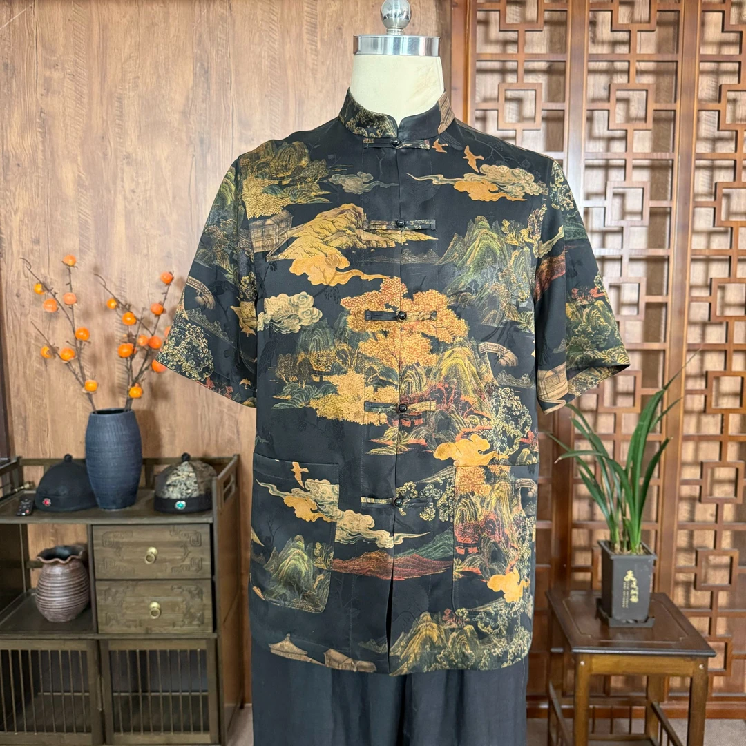 2025新款 香云纱黑色千里江山重锻男士短袖 夏季上衣新中式唐装