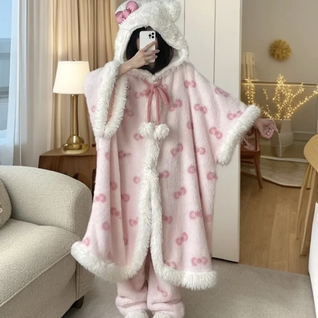 四号链接可爱HelloKitty睡衣连帽睡袍加绒加厚大斗篷家居服