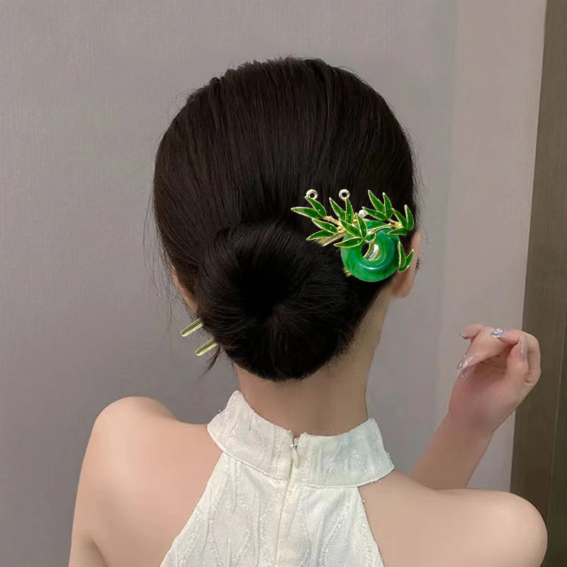 高档竹叶U型发簪新款汉服旗袍盘发丸子头专用簪子发钗新中式头饰