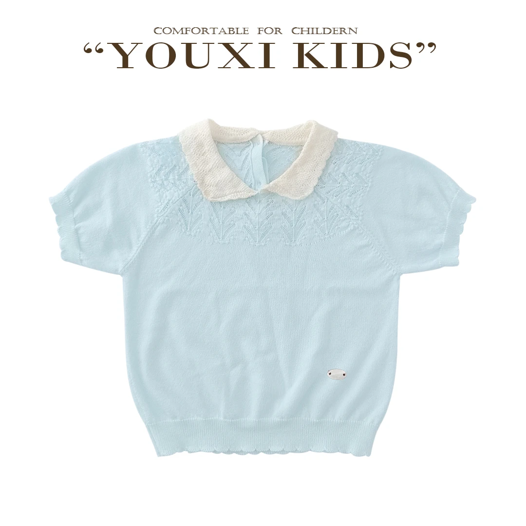 现飞飞家乖嗲小衫新款亲子针织短袖纯色镂空polo领薄款短袖FF2731