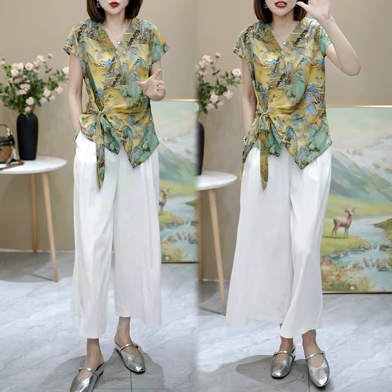 V领印花设计感上衣高腰纯色休闲裤套装女2025夏季新款时尚两件套