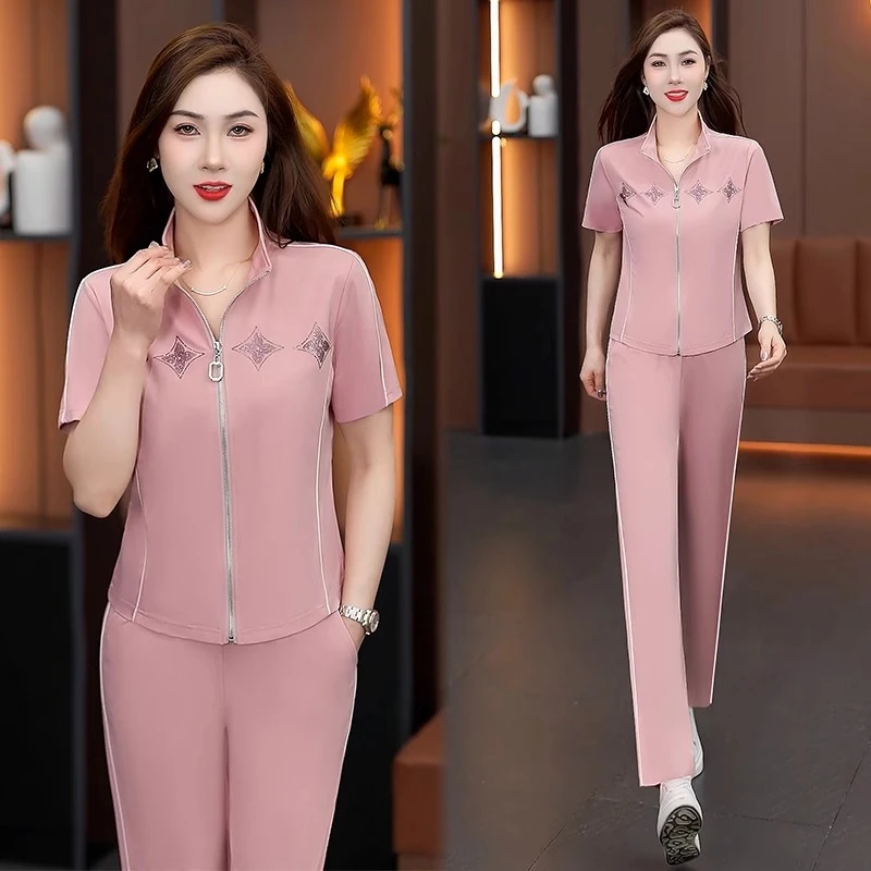 时尚休闲套装女夏季洋气减龄显瘦立领冰丝短袖阔腿裤运动服两件套