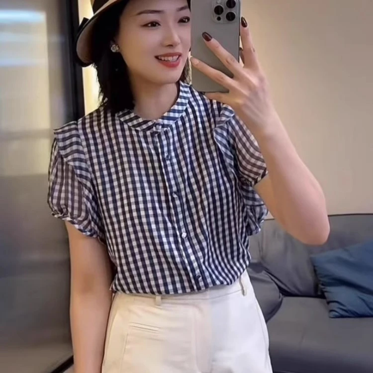 法式圆领荷叶边袖格子短袖衬衫女夏季新款时尚洋气百搭雪纺衫上衣
