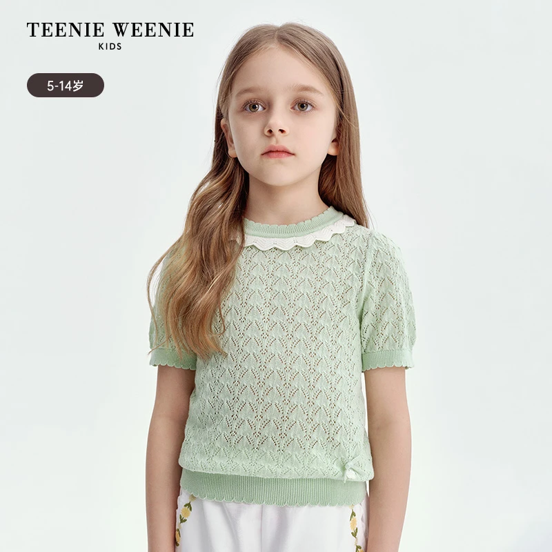 TeenieWeenieKids25年夏新款女童镂空毛织短袖针织衫TKKW256541N