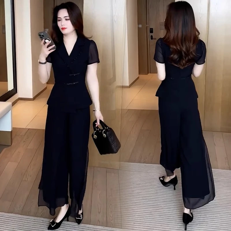 拉夏贝尔时尚休闲套装夏季薄款洋气显瘦雪纺盘扣短袖阔腿裤两件套