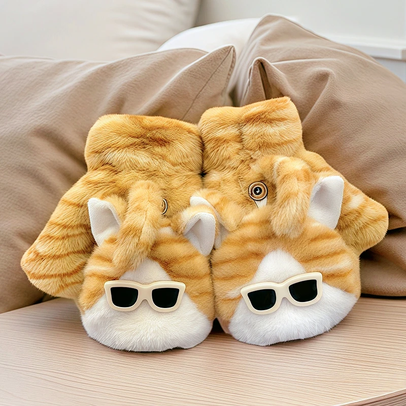 新款可爱猫咪翻盖毛绒手套女冬季防寒保暖加厚学生写字露指可触屏