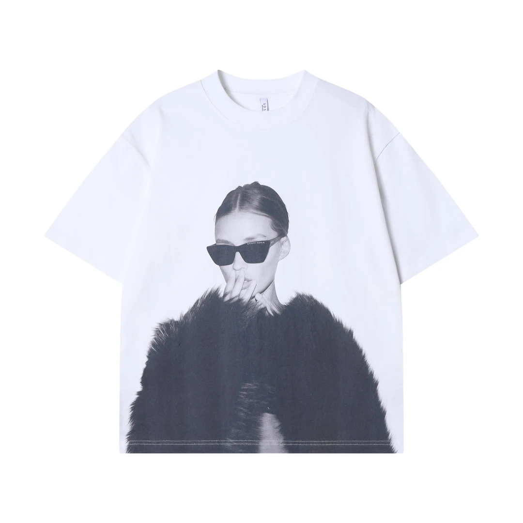 夏季高级感新款美式人像圆领短袖T恤百搭情侣宽松潮流套头上衣