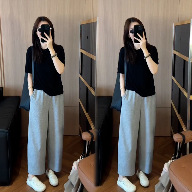 夏季洋气穿搭时尚百搭套装纯色上衣短袖搭配高级感灰色休闲裤套装