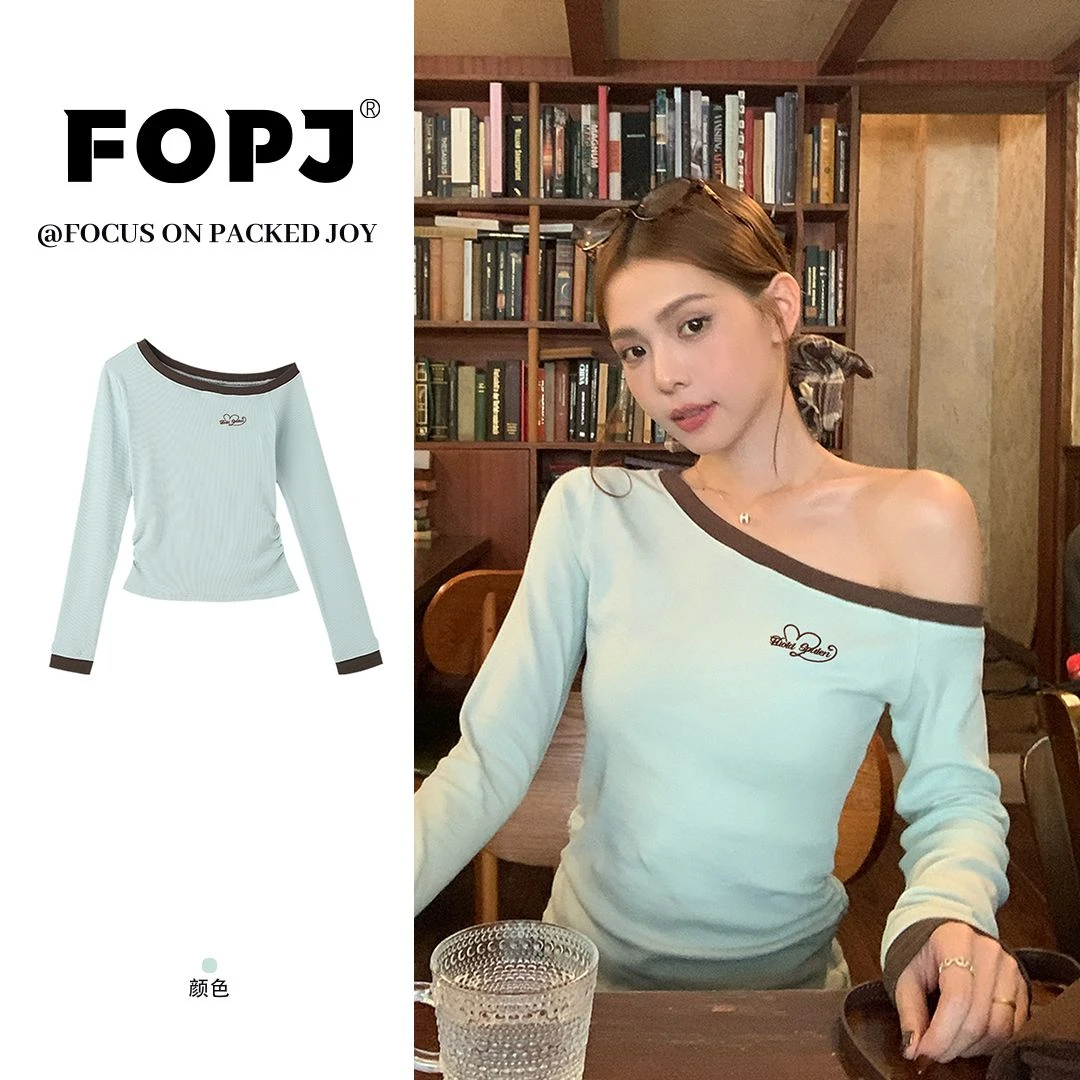 FOPJ刺绣款韩系纯欲风斜肩长袖t恤女修身显瘦短款打底衫露肩上衣