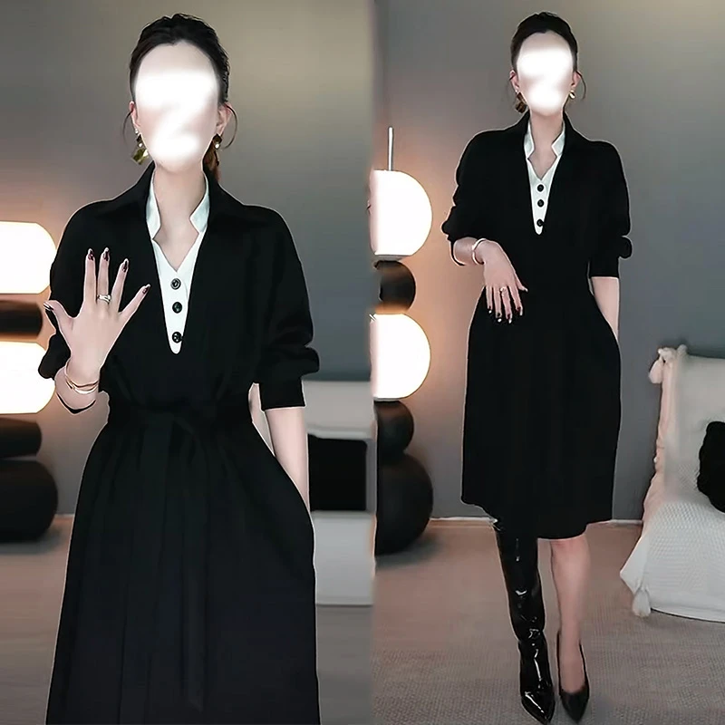 气质长袖假两件V领中长款黑色连衣裙春秋季新款宽松显瘦拼接裙子