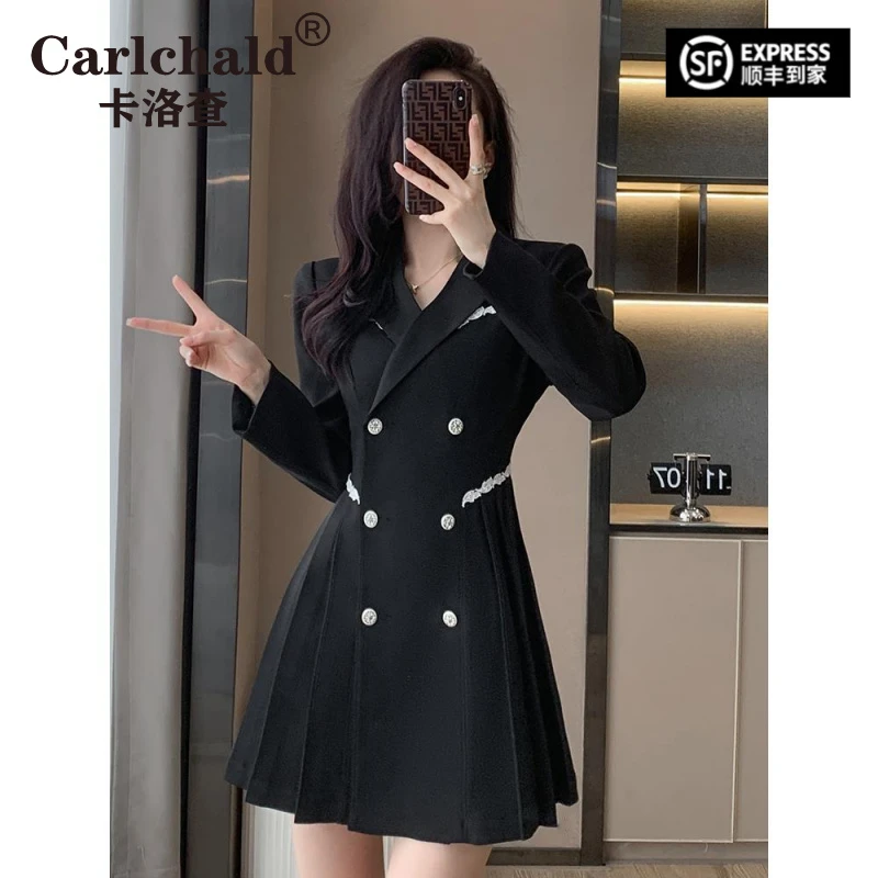 CARLCHALD卡洛查2025秋装新款女式赫本风格黑色套装连衣裙轻奢优